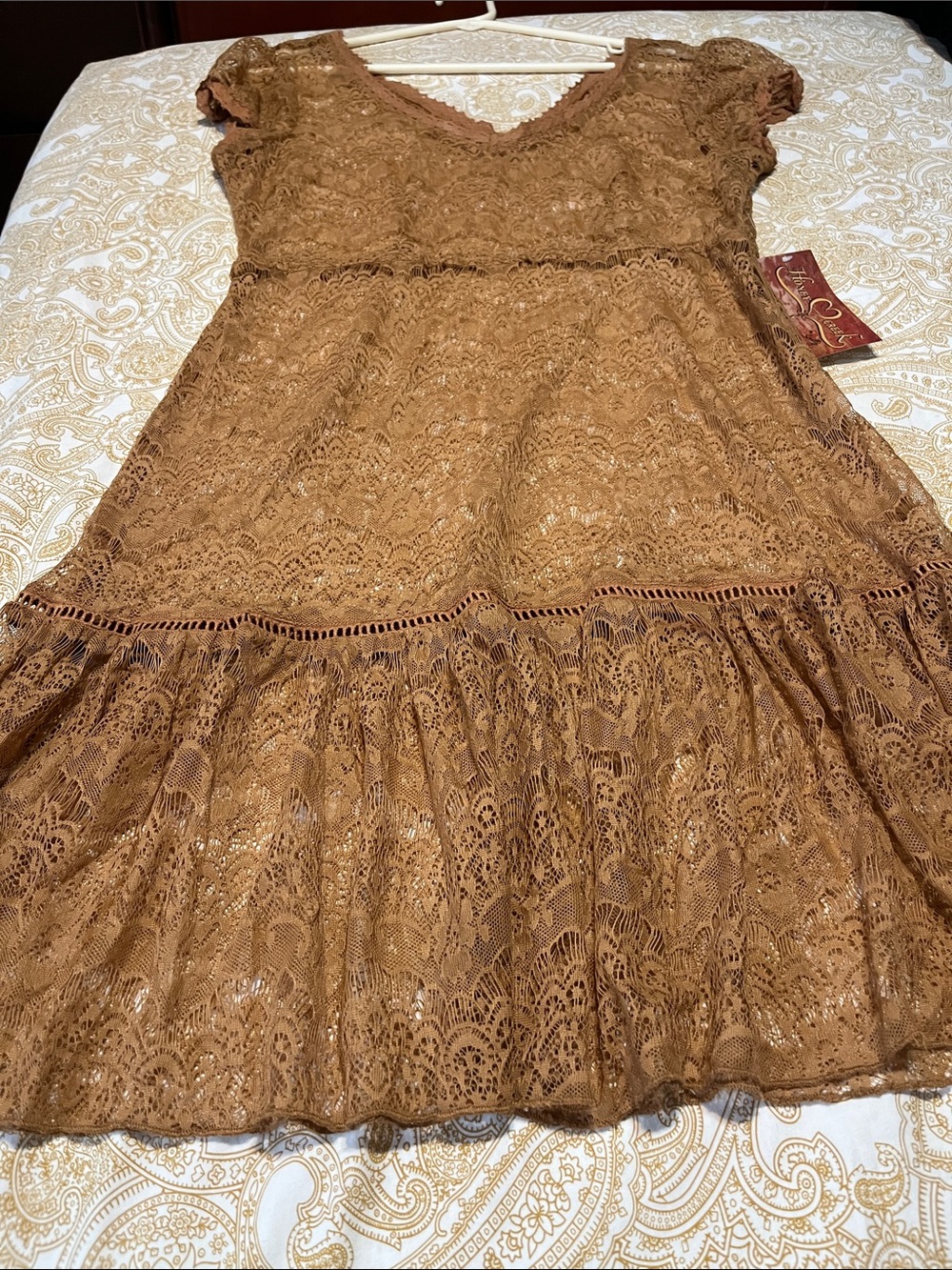 Scalloped Lace Maxi Dress in Beige with Ruffle Hem